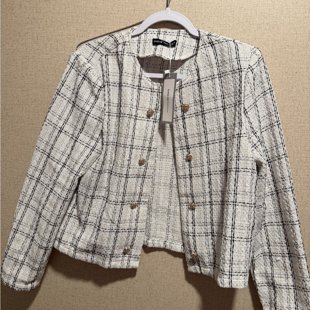 SHEIN Black and White Plaid Blazer